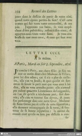 Lettre CCCX. A la même. A Paris, Mardi au soir 8. Septembre, 1676