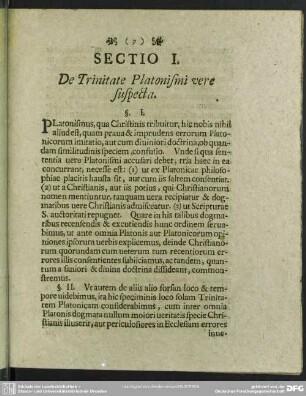 Sectio I. De Trinitate Platonismi vere suspecta
