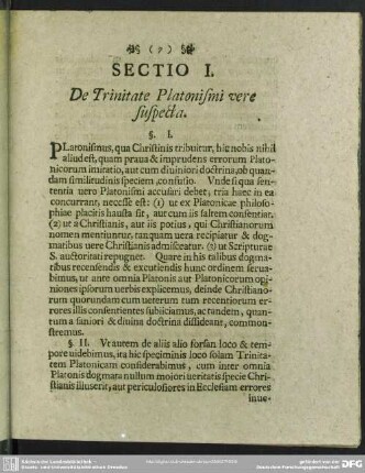 Sectio I. De Trinitate Platonismi vere suspecta