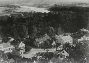 Pillnitz (Dresden-Pillnitz). Blick vom Café Hausberg über die Elbe und Elbinsel nach Südost