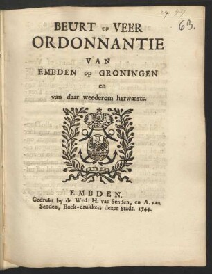 Beurt Of Veer Ordonnantie Van Embden op Groningen en van daar weederom herwaarts