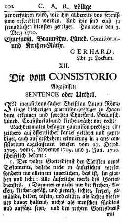 XII. Die vom Consistorio Abgefassete Sentence oder Urtheil.