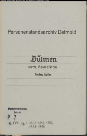 Kirchenbuchduplikat der katholischen Gemeinde in Dülmen (T 1852-1854, T 1856, T 1858-1859). (Gemeinde: Dülmen, katholische Gemeinde)