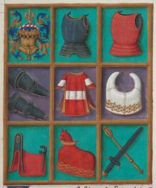 Regnier d'Anjou sur les tournois (Turnierbuch Königs René I. d’Anjou). Teile einer Turnierausrüstung : Teile einer Turnierausrüstung. Miniatur auf Blatt 10r aus: Regnier d'Anjou sur les tournois. Flandern oder Hennegau, Anfang 16. Jahrhundert. Buchmalerei auf Pergament, koloriert und vergoldet; 18,5 x 15,3 cm. Dresden: SLUB Mscr.Dresd.Oc.58