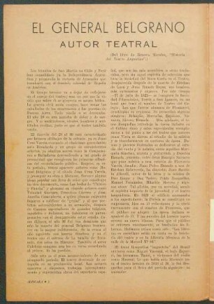 El general Belgrano : autor general - (Del libro de Ernesto Morales, "Historia del teatro argentino".)