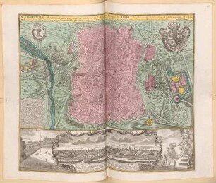 Madritum sive Mantua Carpetanorum celeberrima Castiliae Novae Civitas et Monarcharum Hispanicorum magnificentißima Regia sedes : Cu. Grat. et Pr. S. R. I. Vicariatus, in partibus Rheni, Sveviae, et Juris Franconici ; Sac. Caes. Majest. Geogr. = Madrit la plus celebre Ville dans la Castille nouvelle et la plus magnifique Residence des Monarques d'Espagne