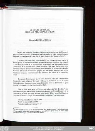 Le Culte Du Soleil Chez Les Ahl-é Ḥaḳḳ D'Iran Hossein Beikbaghban