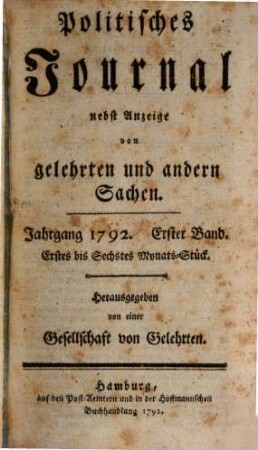 Politisches Journal : Darstellung des Weltlaufs in den Begebenheiten und Staatsacten, 1792,1