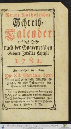 Neuer Catholischer Schreib-Kalender auf das Jahr 1782.