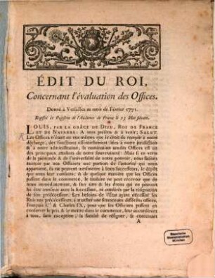 Edict du roy concernant l'evaluation des offices
