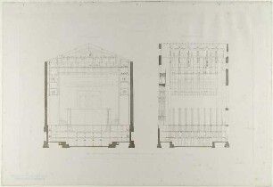Quer- und Längendurchschnitt der Maschinen. Aus der Mappe "Das Königliche Hoftheater zu Dresden", hrsg. v. Gottfried Semper, Braunschweig 1849