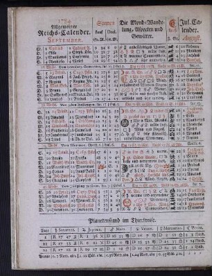 1784. Allgemeiner Reichs-Calender. September.