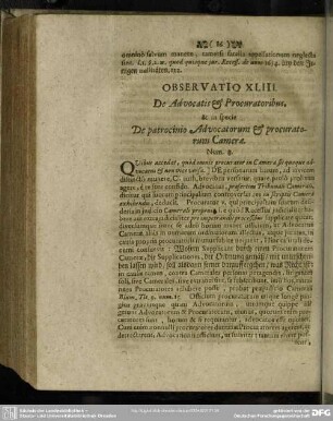 Observatio XLIII. De Advocatis & Procuratoribus, & in specie De patrocinio Advocatorum & procuratorum Camera