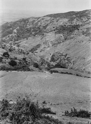 Landschaft : Blick auf die, von Erosionsrissen zerklüftete Landschaft. An den Hängen Weiden, Weizen und Macchie.