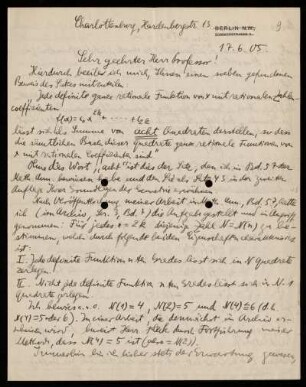 Nr. 9 Brief von Edmund Landau an David Hilbert. Charlottenburg, 17.6.1905