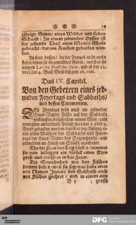 Das IV. Capitel. Von den Gebetern eines jedweden Feyertags und Sabbaths [...].