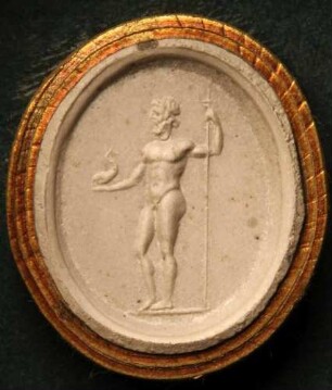 Neptunus, stehend, trägt einen Delphin und den Dreizack (Daktyliothek, Supplement)