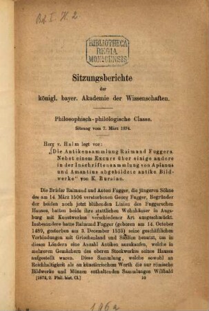Die Antikensammlung Raimund Fuggers : Nebst einem Excurs über einige andere in der Inschriftensammlung von Apianus und Amantius abgebildete antike Bildwerke