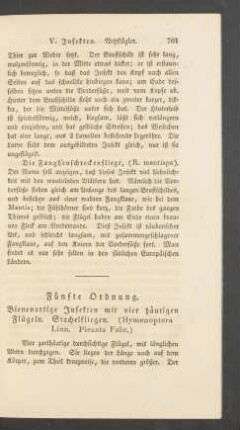 Fuenfte Ordnung. Bienenartige Insekten mit vier haeutigen Fluegeln. Stachelfliegen. (Hymenoptera Linn. Piezata Fabr.)
