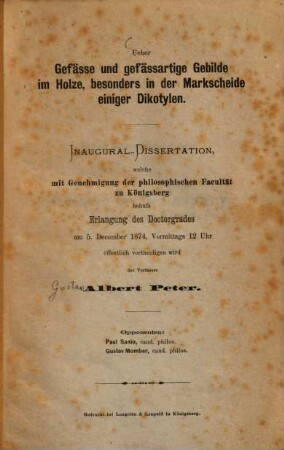 Ueber Gefässe und gefässartige Gebilde im Holze, besonders in der Markscheide einige Dikotylen : Inaugural-Dissertation