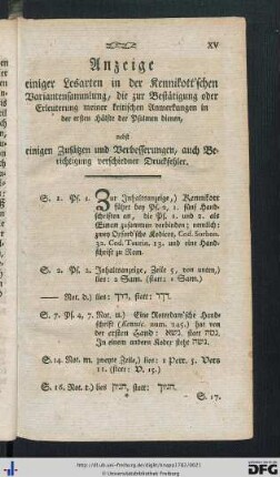 Anzeige einiger Lesarten .. nebst einigen Zusätzen und Verbesserungen, auch Berichtigung verschiedner Druckfehler.