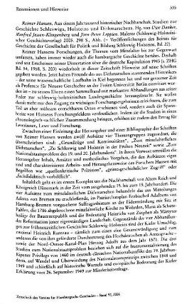 Hansen, Reimer : Aus einem Jahrtausend historischer Nachbarschaft, Studien zur Geschichte Schleswigs, Holsteins und Dithmarschens, hrsg. von Uwe Danker, Manfred Jessen-Klingenberg und Jörn-Peter Leppien., (Veröffentlichungen des Beirats für Geschichte der Gesellschaft für Politik und Bildung Schleswig-Holsteins, 22) : Malente, Schleswig-Holsteinischer Geschichtsverlag, 2005