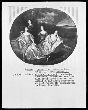 Henriette Katharina, Prinzessin von Oranien, Fürstin zu Anhalt-Dessau mit ihren Schwestern, im Hintergrund die Schwanenburg zu Cleve