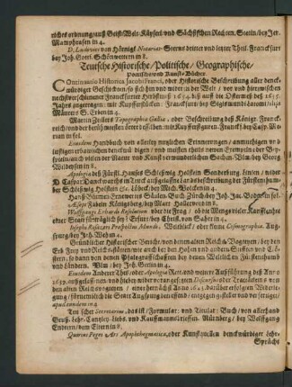 Teutsche Historische/ Politische/ Geographische/ Poetische/ und Kunst-Bücher.