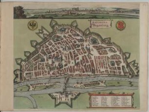 Ansicht und Vogelschauplan von Regensburg, kolorierter Kupferstich, 1682