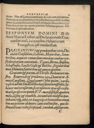 Responsum Domini Doctoris Martini Lutheri, ad Declarationem, Concordiae causa, a civitatibus Helvetiorum Evangelicis, ipsi transmissam.