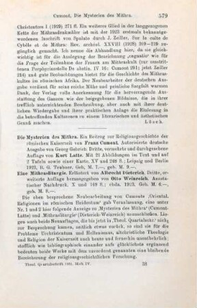 579-581 [Rezension] Cumont, Franz Valery Marie, Die Mysterien des Mithra