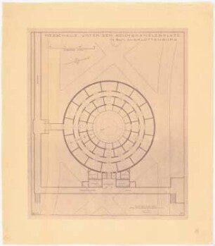 Reichskanzlerplatz, Berlin-Charlottenburg: Messehalle unter dem Reichskanzlerplatz im Grundriss 1:200, Maßstabsleiste