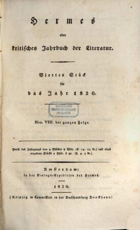 Hermes oder kritisches Jahrbuch der Literatur. 1820,4