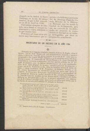 Inventario de un ingenio en el año 1764