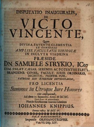 Disputatio Inauguralis, De Victo Vincente