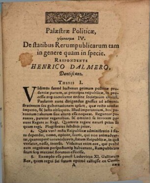 Palaestrae Politicae, Velitatio ..., 4. De statibus Rerumpublicarum tam in genere quam in specie