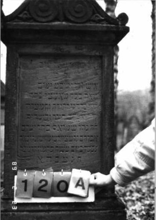 Grabstein 120 (Index: 99751912) Material: Sandstein Zustand: abgeblätt/verwittert mit Textverlust Maße HxBxT: 160x49x21 cm Beschreibung: Abdeckplatte m. Volutenaufsatz m. Palmette, Schriftfeld eingetieft Symbolik: Voluten, Palmette, Ranken: Grabstein 120A