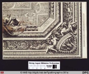 Detail eines Deckenbildes mit einem ornamental eingefassten Adler und zwei Gestalten, die sich auf einen Balkon stützen