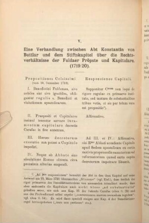 V. Eine Verhandlung zwischen Abt Konstantin von Buttlar und dem Stiftskapitel über die Rechtsverhältnisse der Fuldaer Pröpste und Kapitulare. (1719/20).