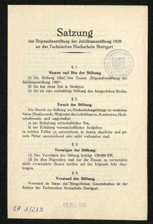 Satzung der Stipendienstiftung der Jubiläumsstiftung 1929 an der Technischen Hochschule Stuttgart (1929)