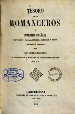 Tesoro de los romanceros y cancioneros españoles, históricos, caballerescos, moriscos y otros