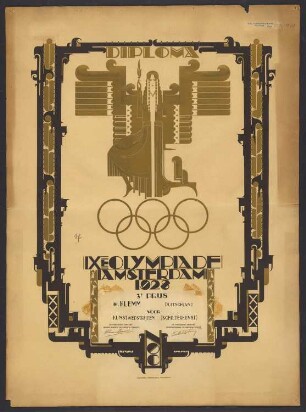 Diploma IXte Olympiade Amsterdam 1928 : Diploma IXte Olympiade Amsterdam 1928, 3e Prijs W. Klemm voor Kunstwedstrijden (Schilderkunst) (Diplom für den 3. Preis für Walther Klemm) aus: Nachlass Walther Klemm, Persönliche Papiere. Dresden: SLUB Mscr.Dresd.App.2344,17(1)