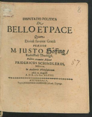 Disputatio Politica De Bello Et Pace