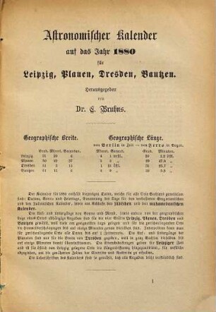 Kalender und statistisches Jahrbuch für das Königreich Sachsen nebst Marktverzeichnissen für Sachsen und die Nachbarstaaten : auf d. Jahr .... 1880