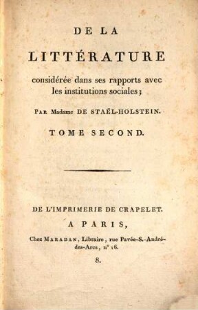 De la littérature : considérée dans ses rapports avec les institutions sociales, 2