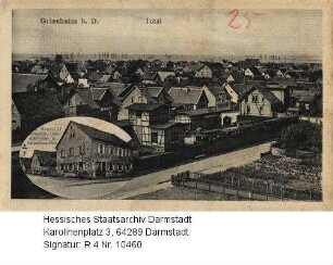 Griesheim bei Darmstadt, Totale und Außenansicht der Drogerie, Kolonialwaren- und Samenhandlung Mendel IV.