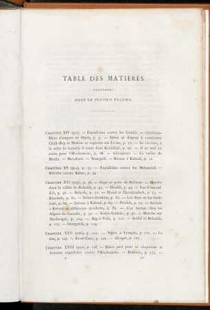 Table des matières contenues dans le second volume