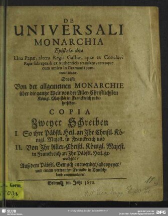 De universali monarchia epistolae duae una Papae altera regis Galliae ...