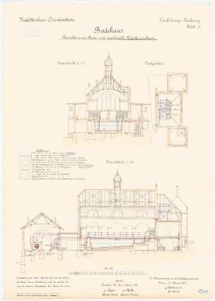 Kadettenhaus, Oranienstein: Dampfheizung, Waschhaus: Grundriss Dachgeschoss, Längsschnitt, Querschnitt 1:100