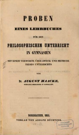 Proben eines Lehrsbuches für den philosophischen Unterricht in Gymnasien